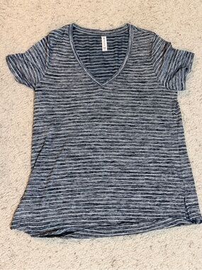 Athleta Striped V-Neck Tee - Navy and Gray